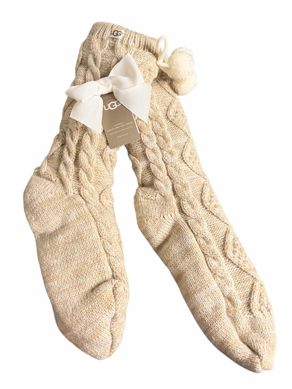 UGG Fleece Lined Cozy Cable Knit Pom-Pom Socks in Cream
